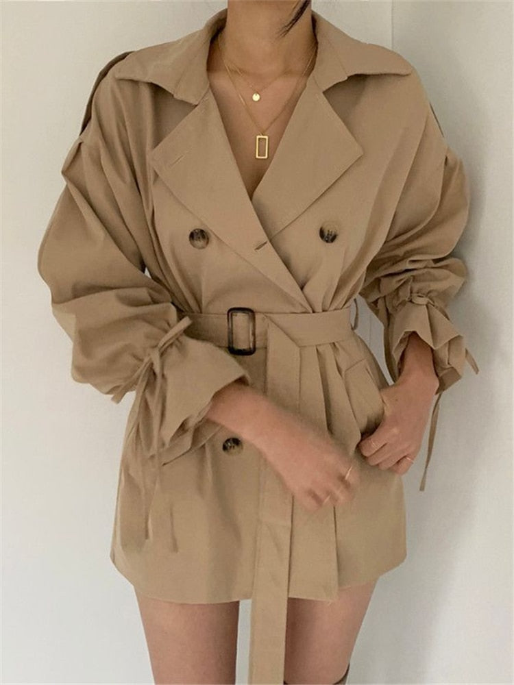 REALEFT 2022 New Autumn Winter Khaki Minimalist Women's Trench Coat Sashes Windbreaker Loose Flare Sleeve Double Breasted Trench