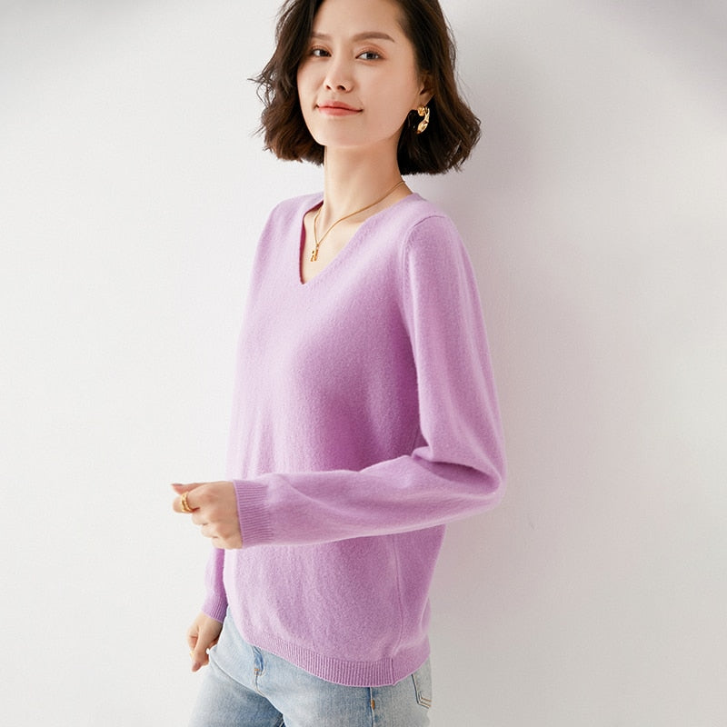 Off-Season Big Sale Autumn And Winter Women's 100% Pure Wool V-Neck Loose Pullover Sweater Basic Style All-Match Knitted Sweater