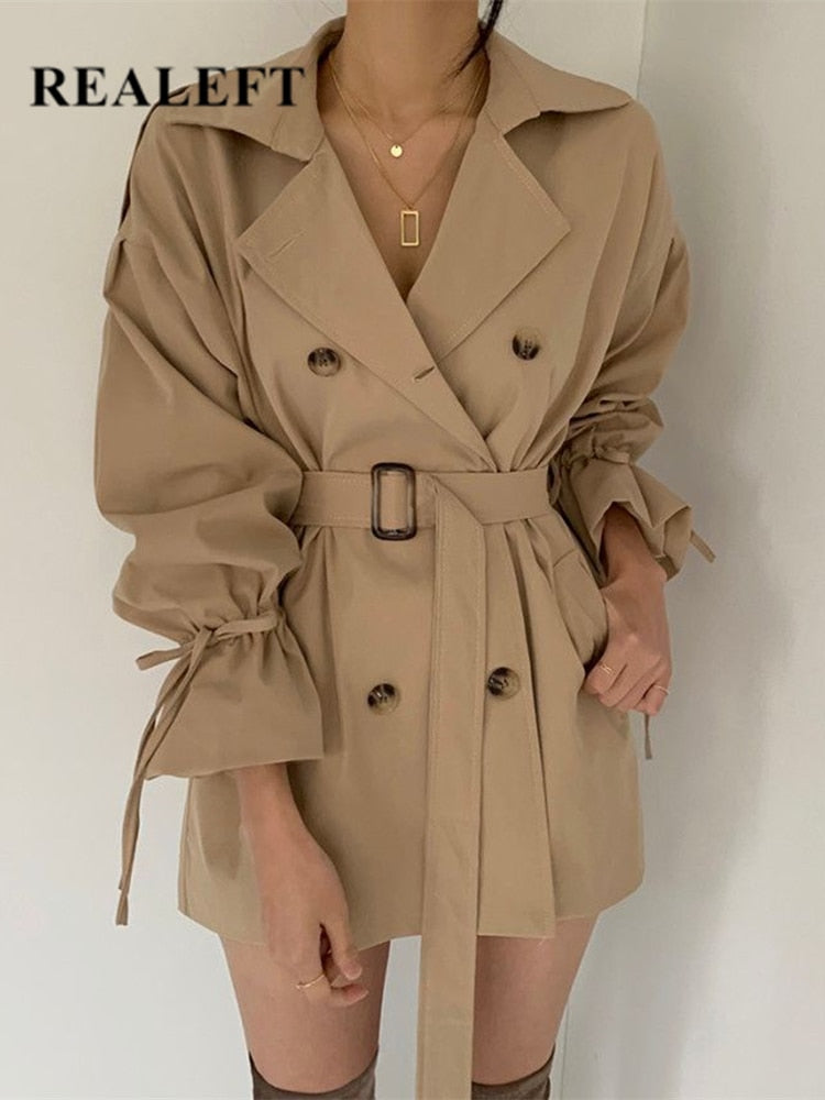 REALEFT 2022 New Autumn Winter Khaki Minimalist Women's Trench Coat Sashes Windbreaker Loose Flare Sleeve Double Breasted Trench