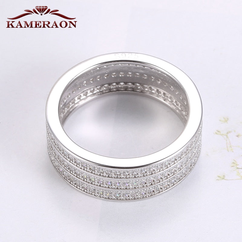 Women&#39;s 925 Sterling Silver Crystal Wide Ring Full Shining Simulated Diamond Personality Fine Jewelry Silverware Female Gift