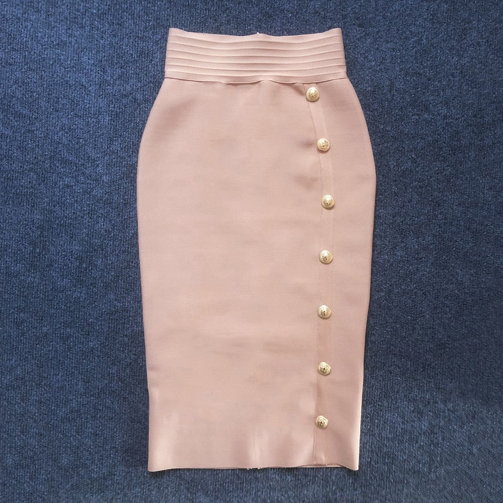 2023 Summer Elegant Midi Pencil Skirt High Waist Bandage Skirt Black Elastic Bandage Skirts Button Women Clothes