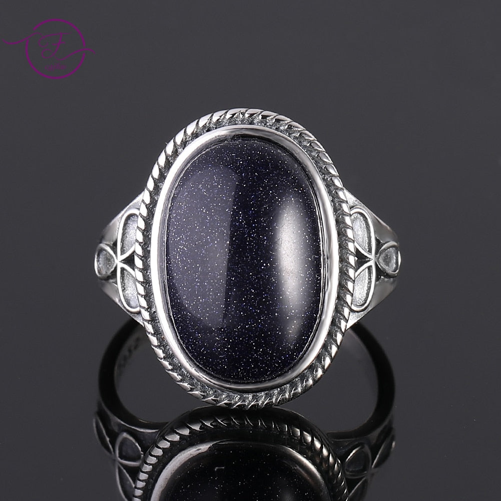 Vintage Ring Natural Blue Sandstone Rings for Women&#39;s Silver Jewelry Rings with 11x17MM Big Oval Lapis Gifts Wholesale