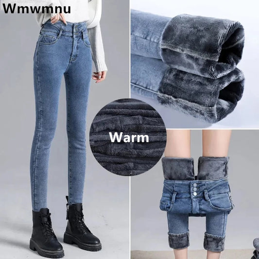 Streetwear High Waist Plush Lined Jeans Winter Thicken Slim Denim Pants Women&#39;s Skinny Pencil Vaqueros Vintage Leggings Trousers