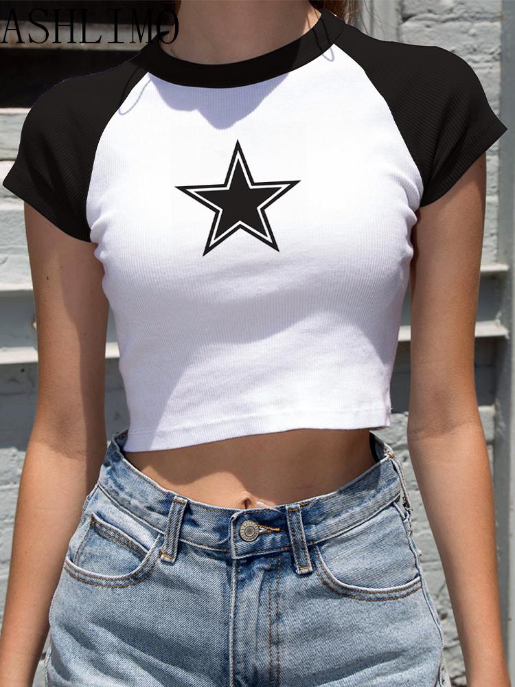 Female Y2K Clothes Star Tops Women Tshirt Harajuku Retro Fashion Gothic Short Sleeve Crop Sexy Tops Aesthetics Tops Short Navel