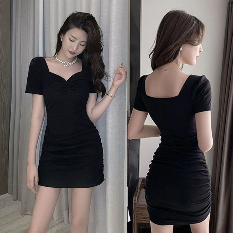 Little Black Dress Female Summer French Waist Thin Temperament Drawstring Folds Hip Wrap Dress Ruched Dresses  Women Clothes