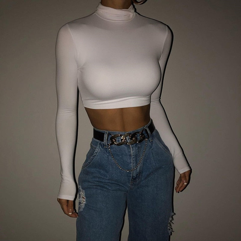 Women Solid Turtleneck Tshirt Y2k Autumn Winter Stretch Casual Undershirt Female Long Sleeve Streetwear Crop Tops T Shirt 2022