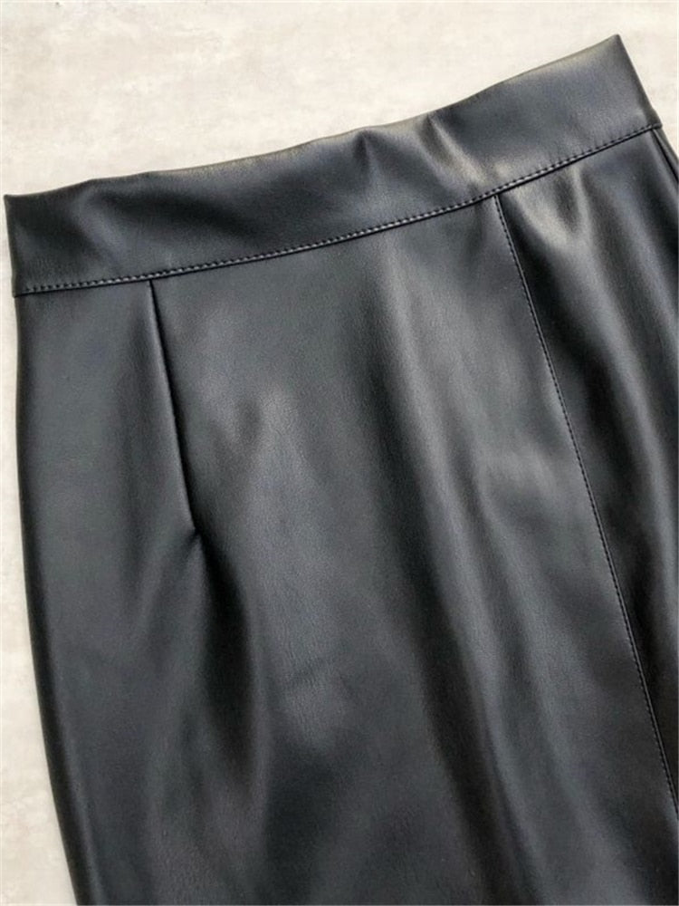 Seoulish Black PU Faxu Leather Women's Wrap Skirts 2022 New Autumn Winter High Waist Front Split Sheath Pencil Skirts Female