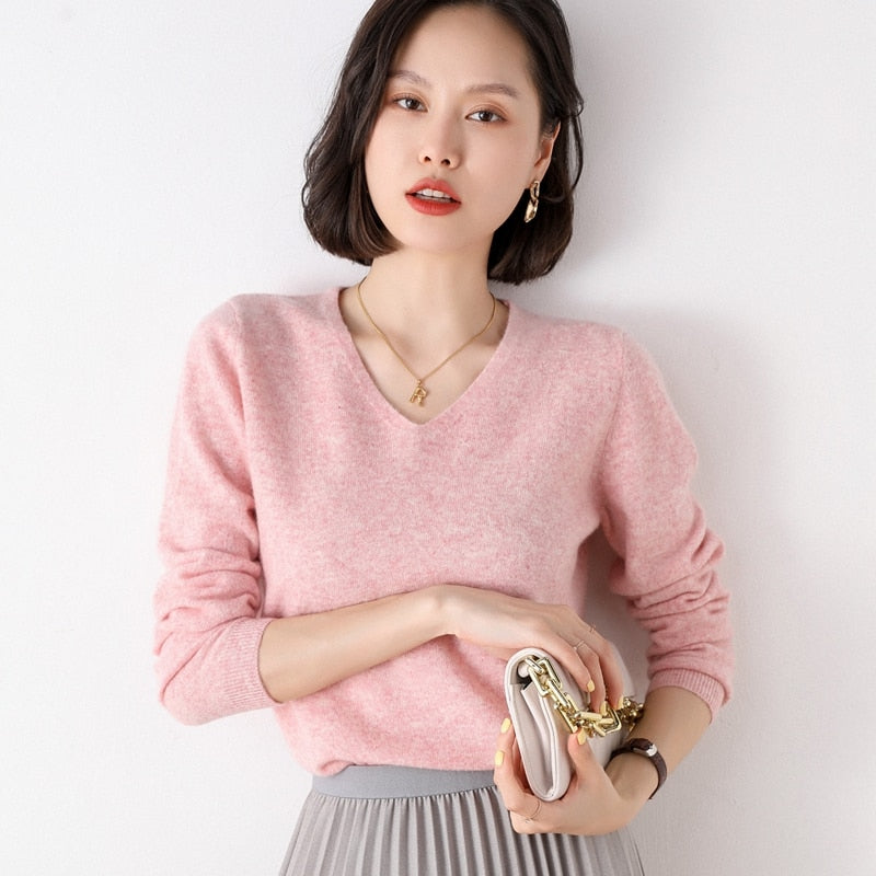 Off-Season Big Sale Autumn And Winter Women's 100% Pure Wool V-Neck Loose Pullover Sweater Basic Style All-Match Knitted Sweater