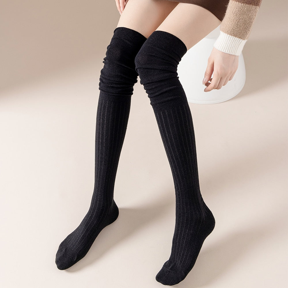 Milk White Splicing Knee Socks For Women In Autumn And Winter Long Tube Lengthened Cotton Japanese Khaki High Thigh Socks Beige