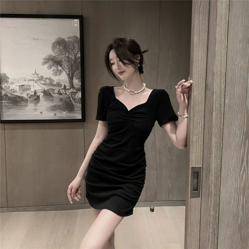 Little Black Dress Female Summer French Waist Thin Temperament Drawstring Folds Hip Wrap Dress Ruched Dresses  Women Clothes