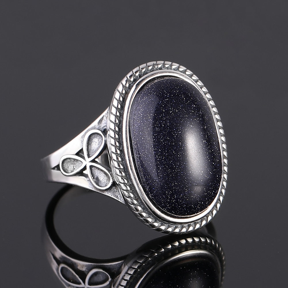 Vintage Ring Natural Blue Sandstone Rings for Women&#39;s Silver Jewelry Rings with 11x17MM Big Oval Lapis Gifts Wholesale