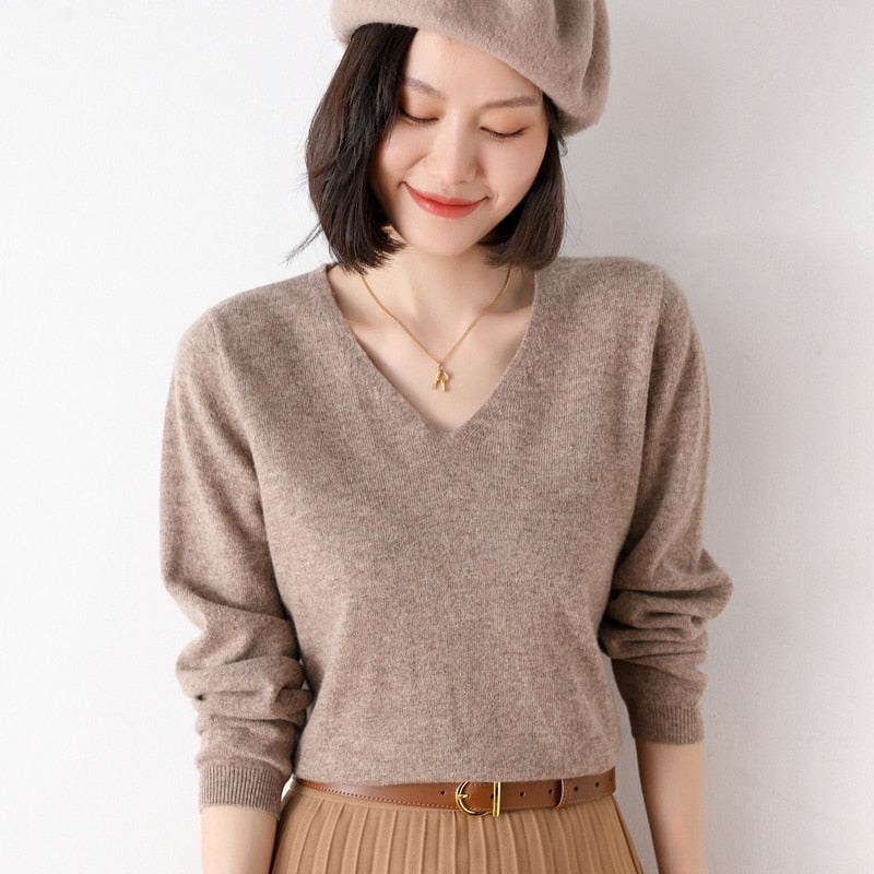 Off-Season Big Sale Autumn And Winter Women's 100% Pure Wool V-Neck Loose Pullover Sweater Basic Style All-Match Knitted Sweater