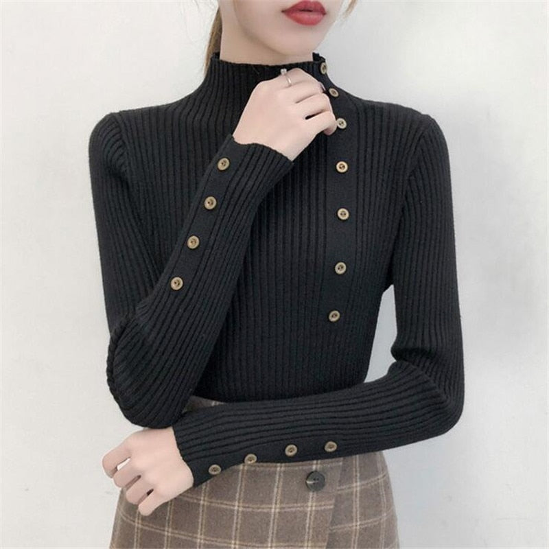 2023 Women Autumn Knitted Slim Sweaters Solid Knitted Female Cotton Soft Elastic Color Pullovers Button Full Sleeve Turtleneck