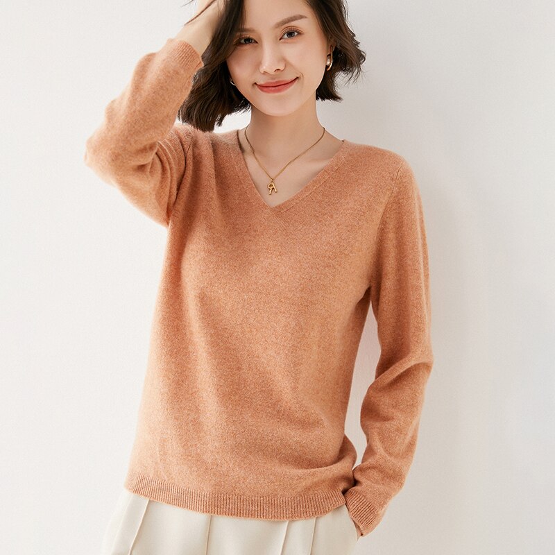 Off-Season Big Sale Autumn And Winter Women's 100% Pure Wool V-Neck Loose Pullover Sweater Basic Style All-Match Knitted Sweater