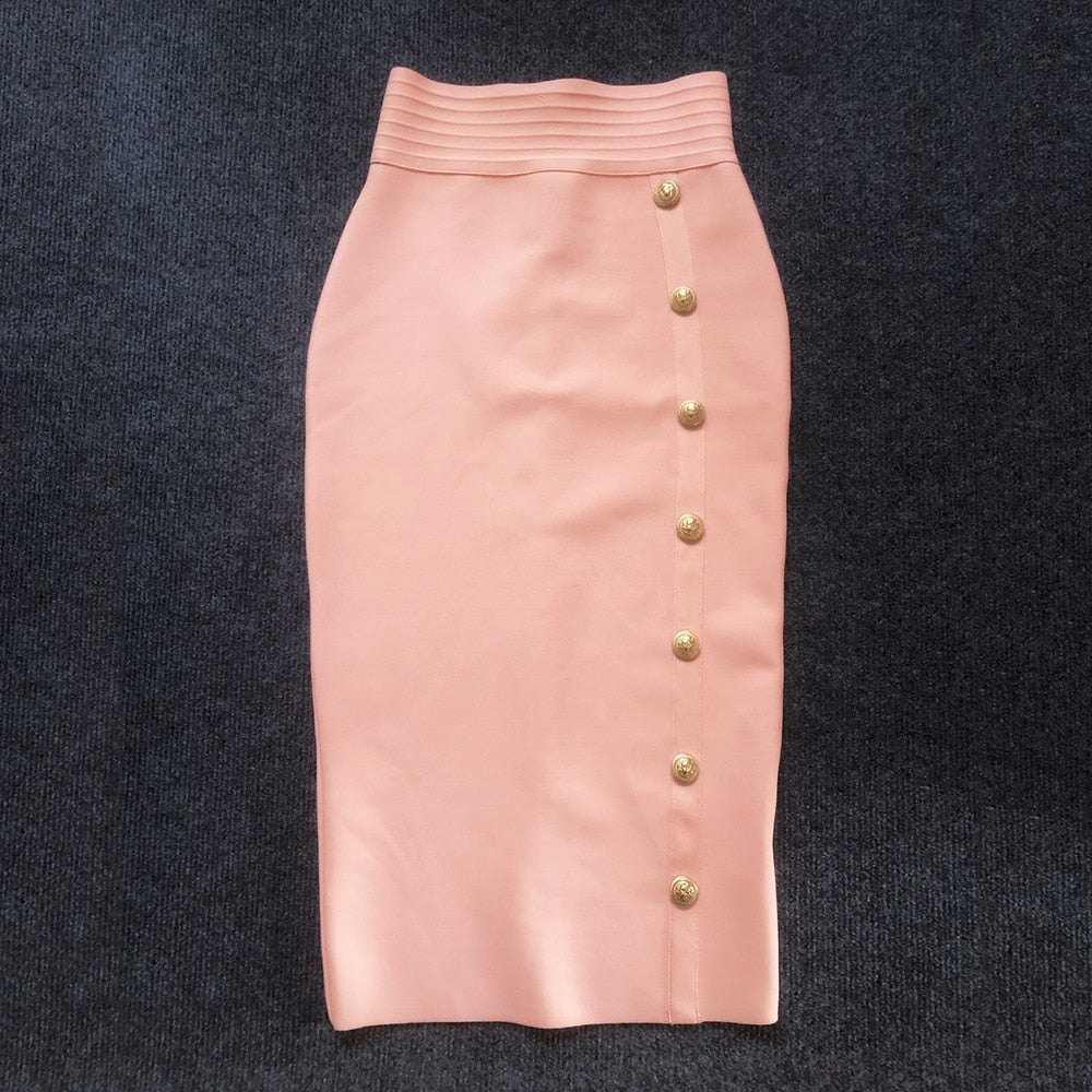 2023 Summer Elegant Midi Pencil Skirt High Waist Bandage Skirt Black Elastic Bandage Skirts Button Women Clothes