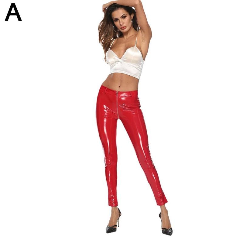 Women Sexy Shiny PU Leather Leggings Back Zipper High Waist Faux Leather Skinny Pants Shiny Wet Look Metallic  Legging