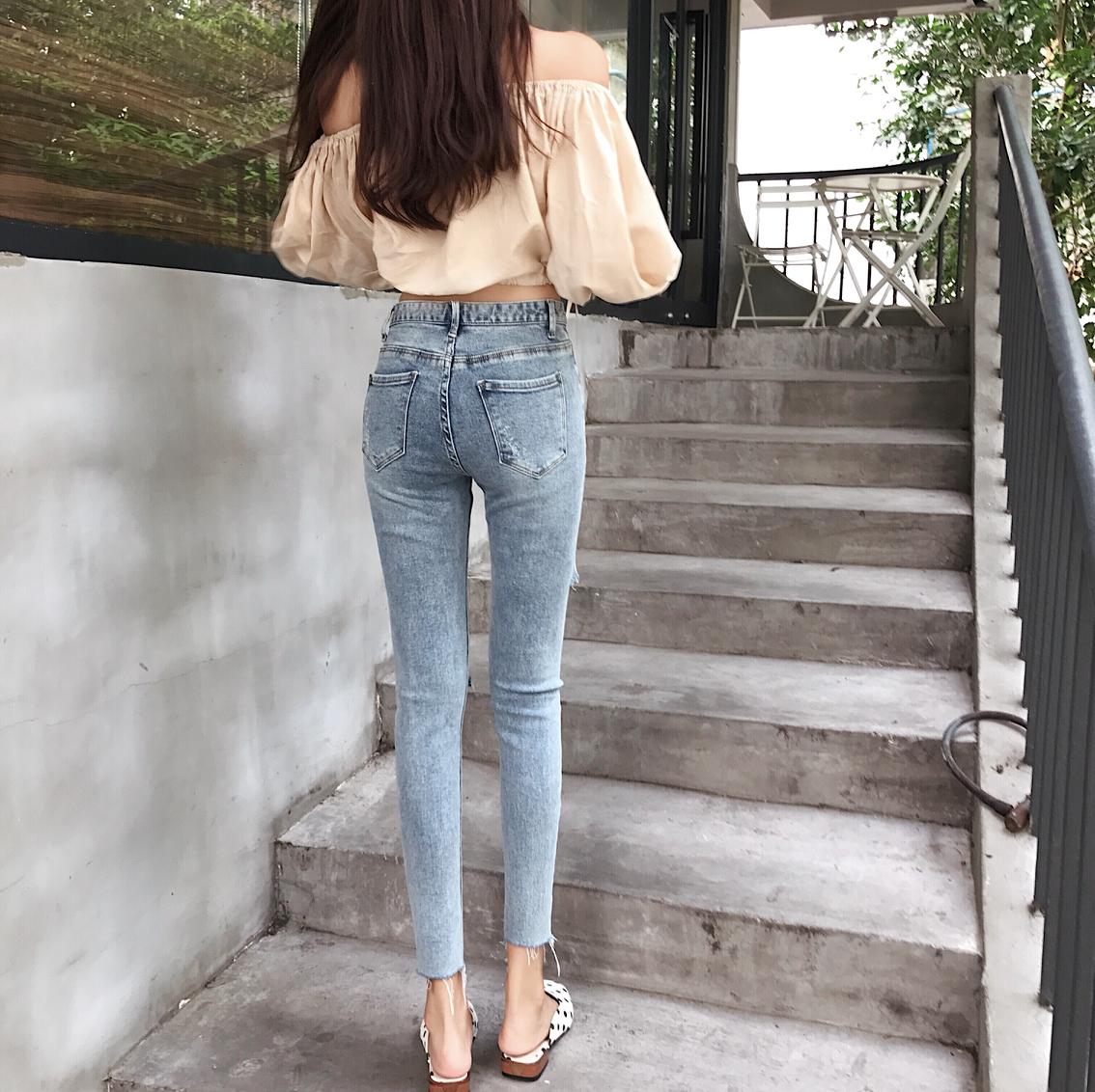 SHIJIA High Waist Elastic Skinny Jeans Woman Hole Ripped Denim Pencil Jeans Female Light Blue Vintage Bottoms Femme Chic 2023