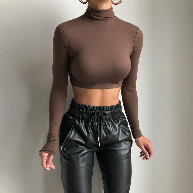 Women Solid Turtleneck Tshirt Y2k Autumn Winter Stretch Casual Undershirt Female Long Sleeve Streetwear Crop Tops T Shirt 2022