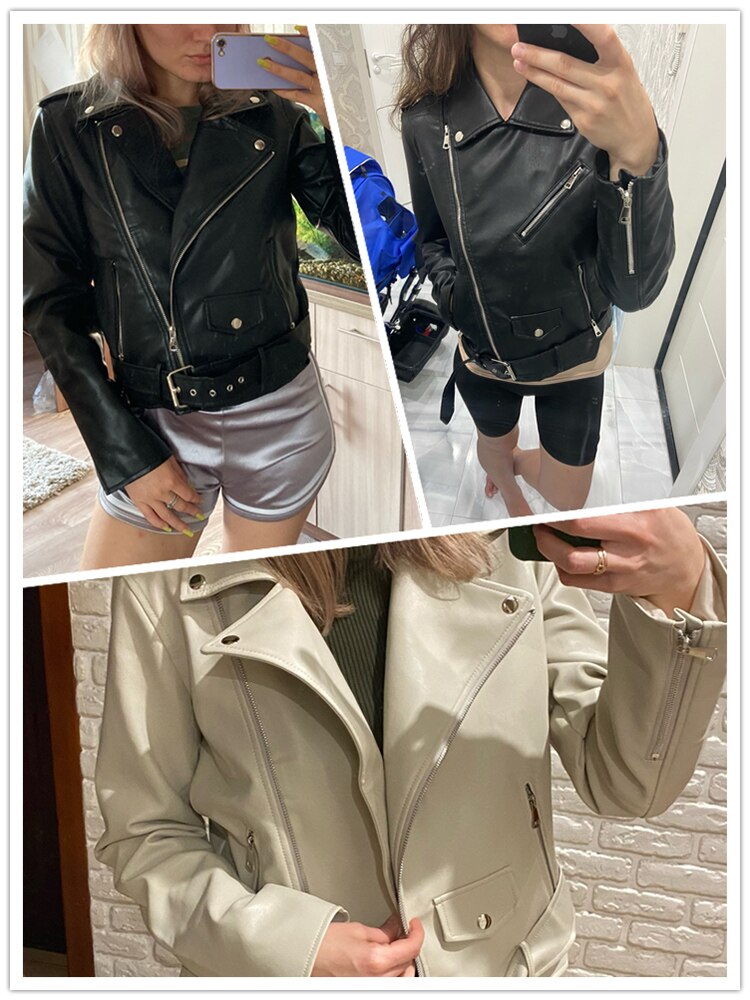 Ailegogo 2022 Spring Autumn Soft Faux Leather Short Jacket with Belt Women Lapel Pu Leather Coat Black Zipper Moto Biker Outwear