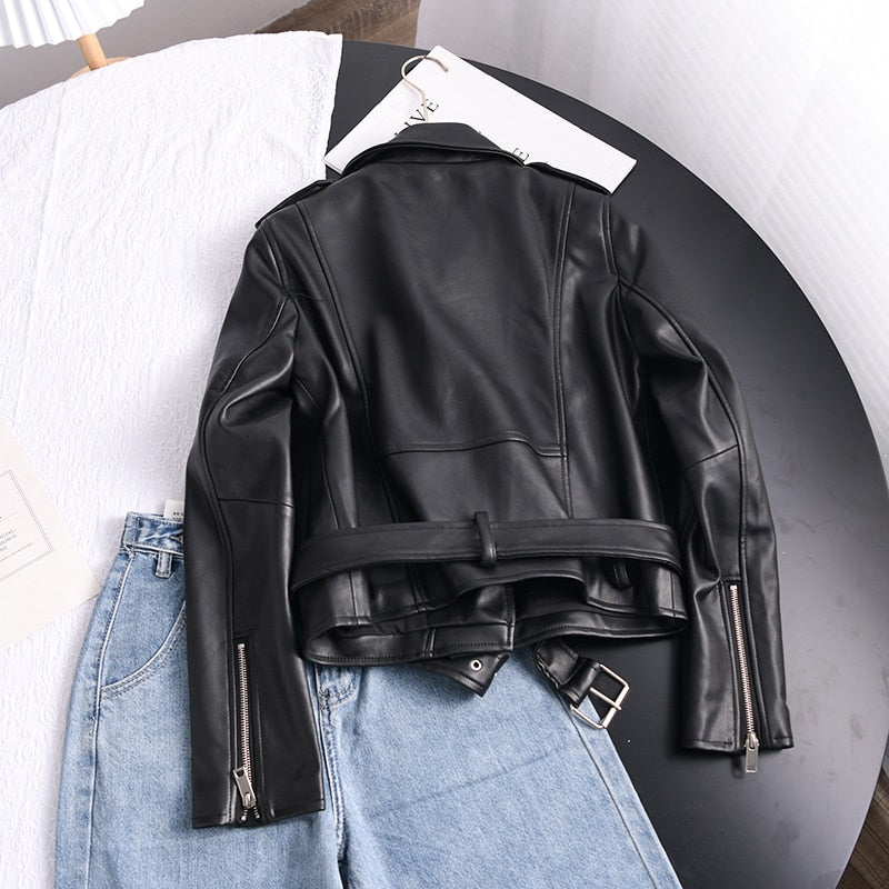 Ailegogo 2022 Spring Autumn Soft Faux Leather Short Jacket with Belt Women Lapel Pu Leather Coat Black Zipper Moto Biker Outwear