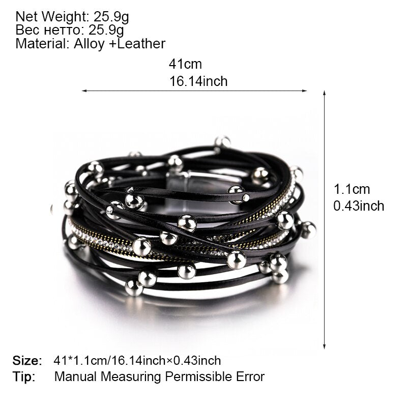 Amorcome Multilayer Metal Beads Charm Leather Bracelets for Women 2022 Trendy Design Double Wrap Bracelets &amp; Bangles Jewelry