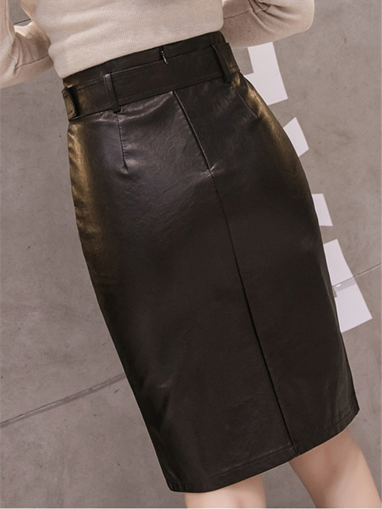 REALEFT 2022 Autumn Winter OL Elegant Pencil Midi Skirts High Waist Black PU Leather Split Sheath Wrap Skirts with Belt Female