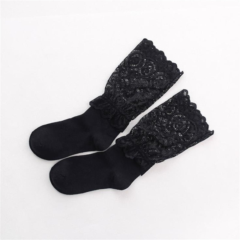 Women&#39;s Black Lace Stockings Hollow Transparent Lace Stockings Pure Cotton Japanese Fleece Socks  Quilt Color Princess Socks