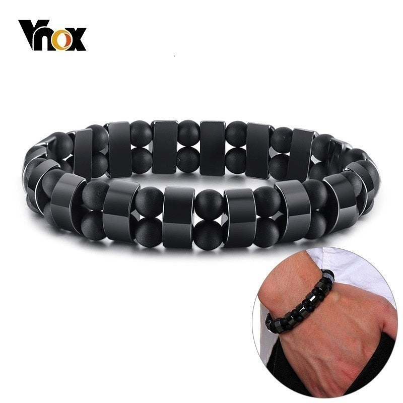 Vnox Stretch Mens Black Bracelets Hematite Tiger Eye Beads Bracelets Casual HOMBRE Wristband