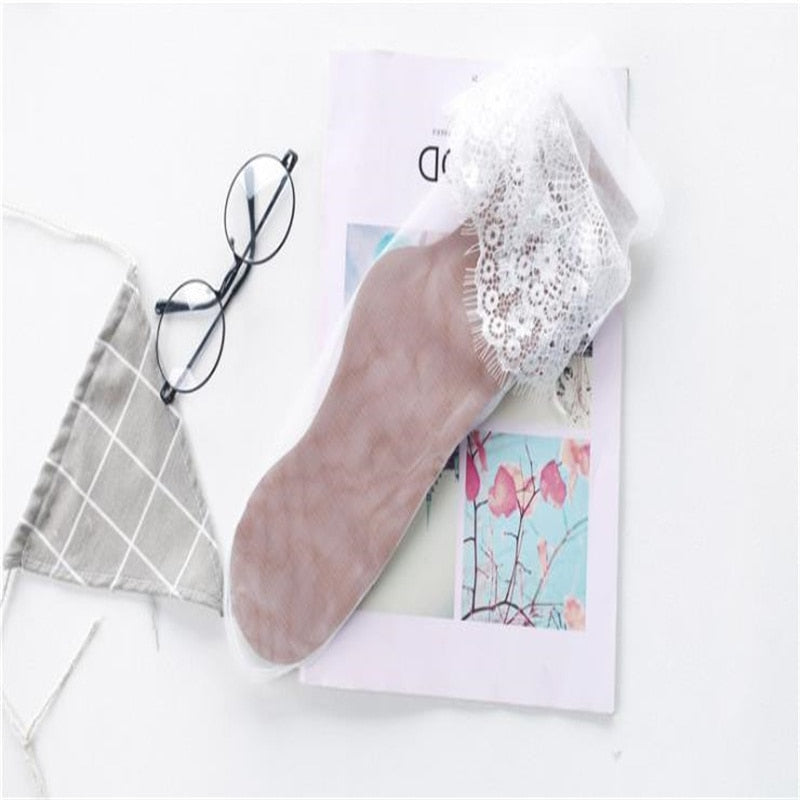 Women&#39;s Black Lace Stockings Hollow Transparent Lace Stockings Pure Cotton Japanese Fleece Socks  Quilt Color Princess Socks