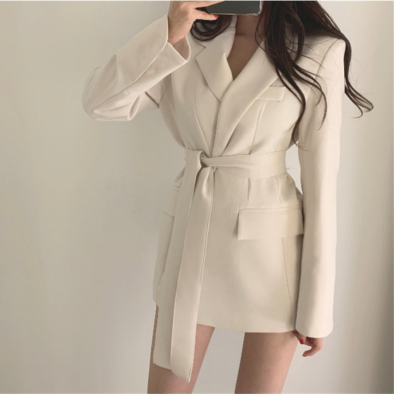 Women Spring Autumn Slim-fit Blazer Free Belt Cardigan Style Lace-up Belted Lapel Blazers 2022 Woman Black Office Work Suits New