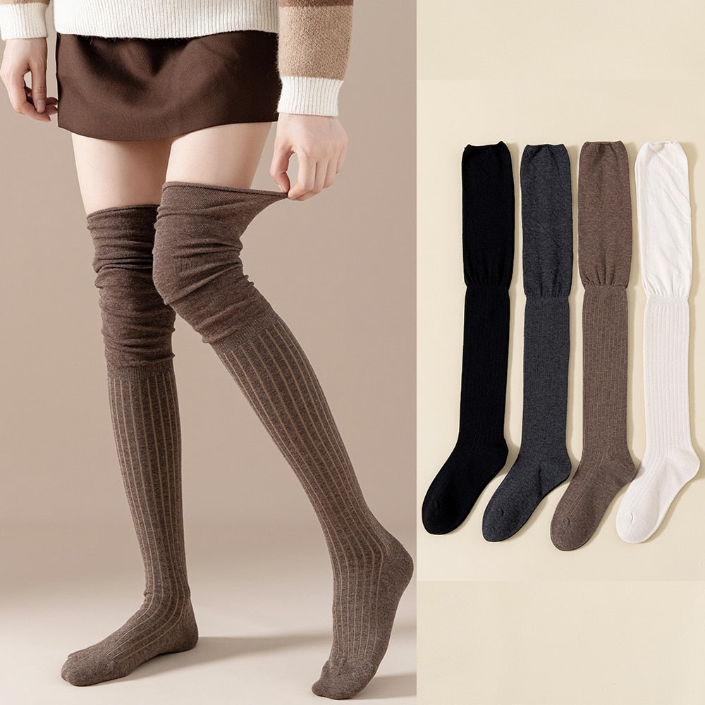 Milk White Splicing Knee Socks For Women In Autumn And Winter Long Tube Lengthened Cotton Japanese Khaki High Thigh Socks Beige