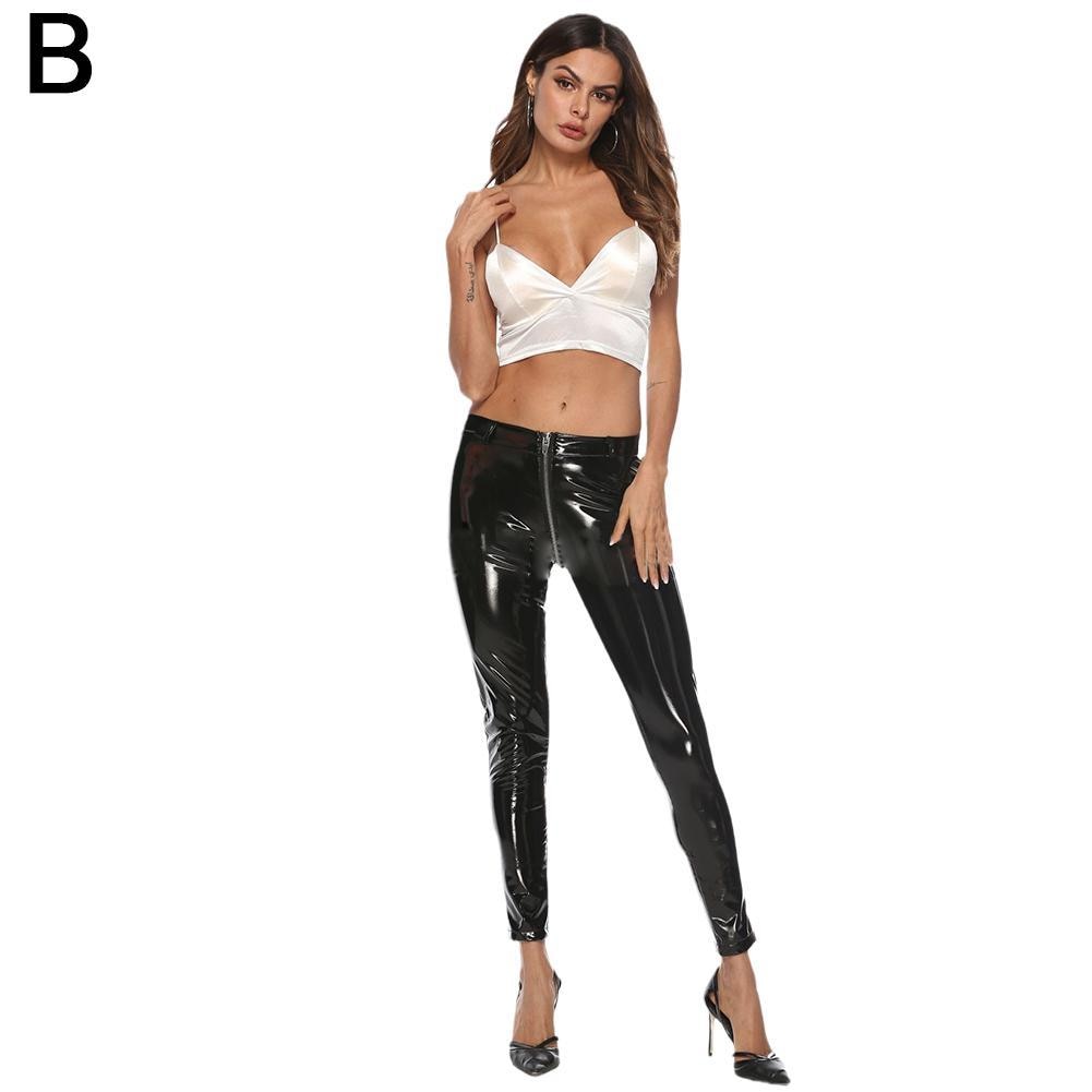 Women Sexy Shiny PU Leather Leggings Back Zipper High Waist Faux Leather Skinny Pants Shiny Wet Look Metallic  Legging