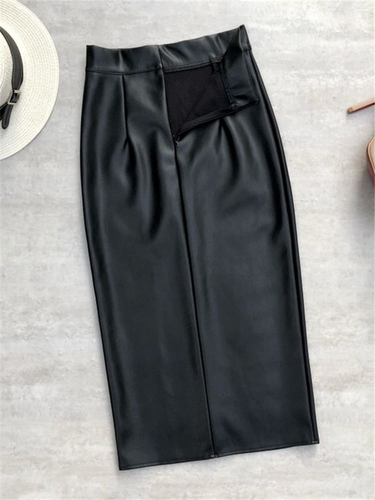 Seoulish Black PU Faxu Leather Women's Wrap Skirts 2022 New Autumn Winter High Waist Front Split Sheath Pencil Skirts Female