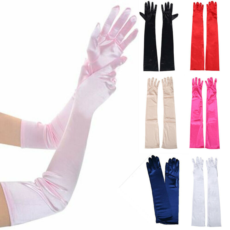 Women's Evening Party Formal Gloves Solid Color Satin Long Finger Mittens forEvents Activities Red White Rose Color