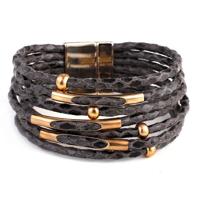 ALLYES Snake Pattern Leather Bracelets for Women Fashion Exaggerated Multilayer Wide Wrap Bracelets &amp; Bangles Charm Jewelry