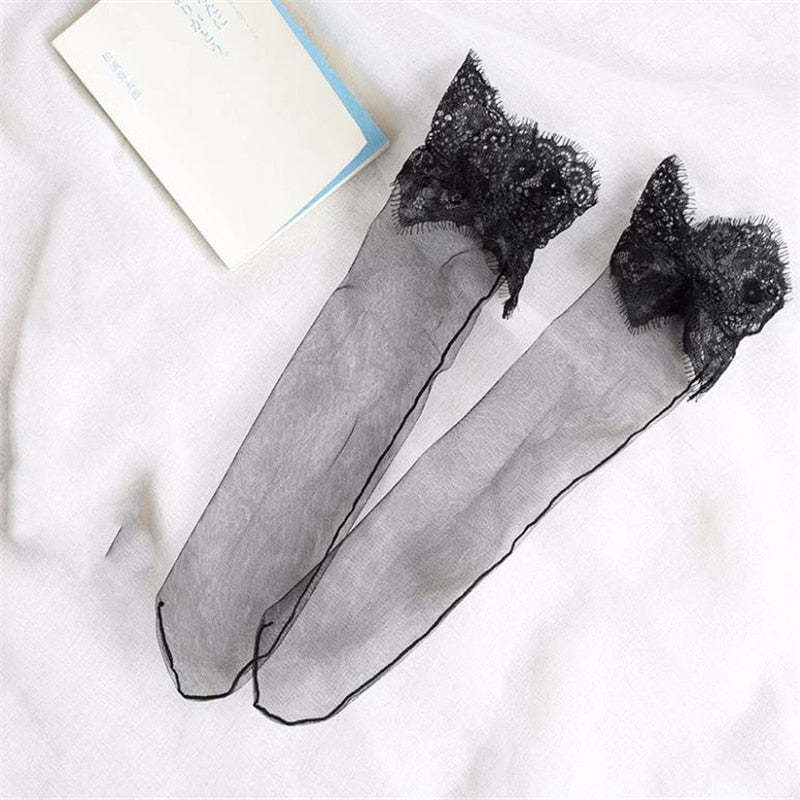 Women&#39;s Black Lace Stockings Hollow Transparent Lace Stockings Pure Cotton Japanese Fleece Socks  Quilt Color Princess Socks