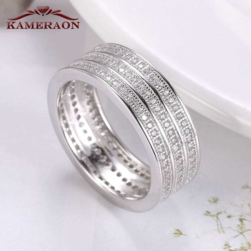 Women&#39;s 925 Sterling Silver Crystal Wide Ring Full Shining Simulated Diamond Personality Fine Jewelry Silverware Female Gift