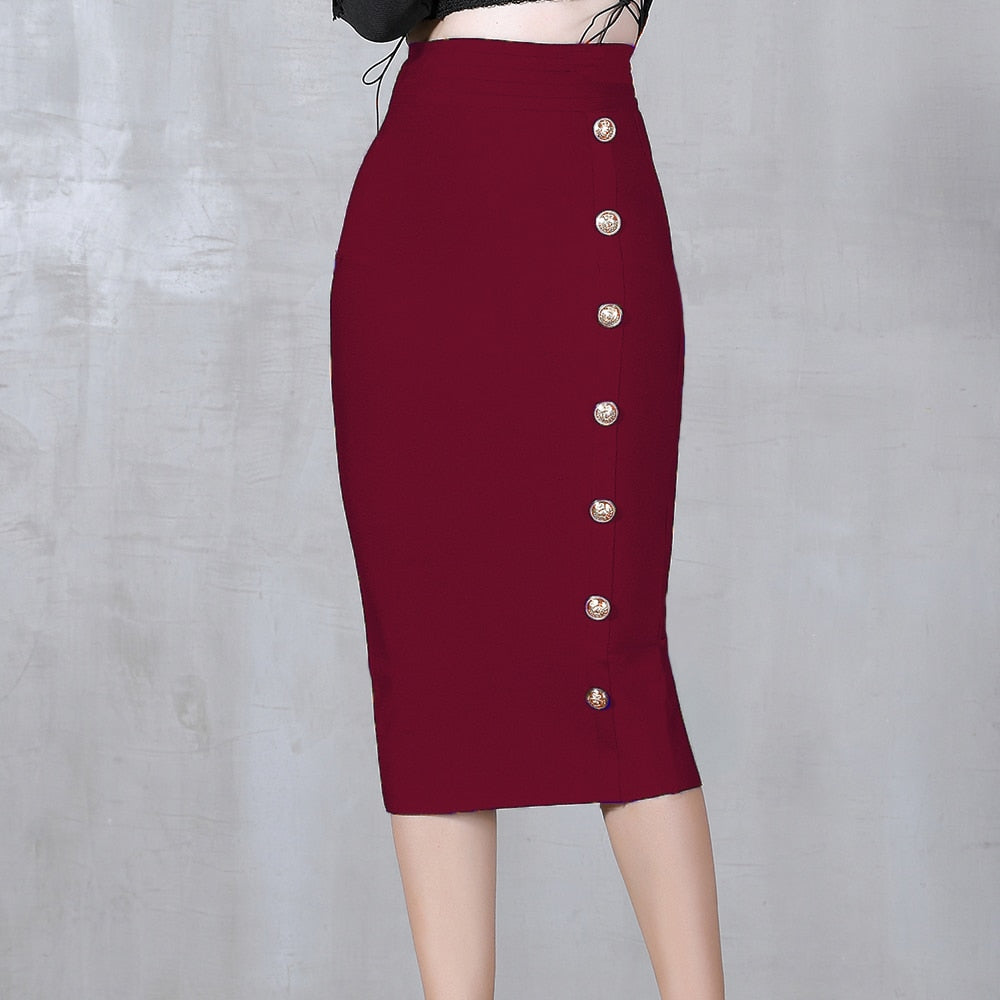 2023 Summer Elegant Midi Pencil Skirt High Waist Bandage Skirt Black Elastic Bandage Skirts Button Women Clothes