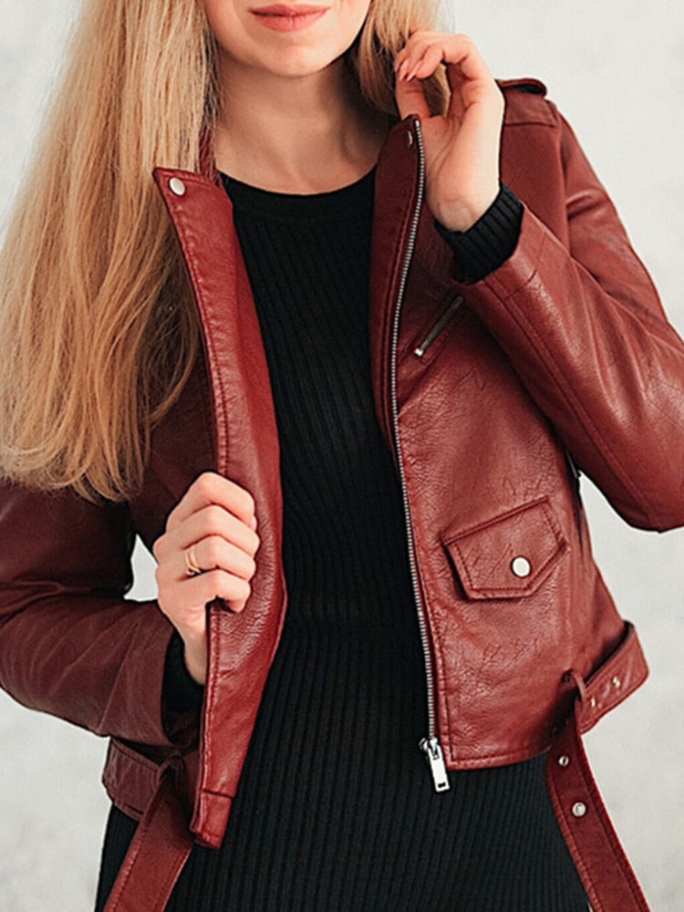 Fitaylor Spring Autumn Women Faux Soft Leather Jacket Long Sleeve Pink Black Biker Coat Zipper Design Motorcycle PU Red Jacket