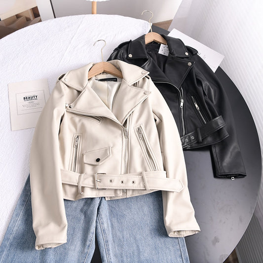 Ailegogo 2022 Spring Autumn Soft Faux Leather Short Jacket with Belt Women Lapel Pu Leather Coat Black Zipper Moto Biker Outwear