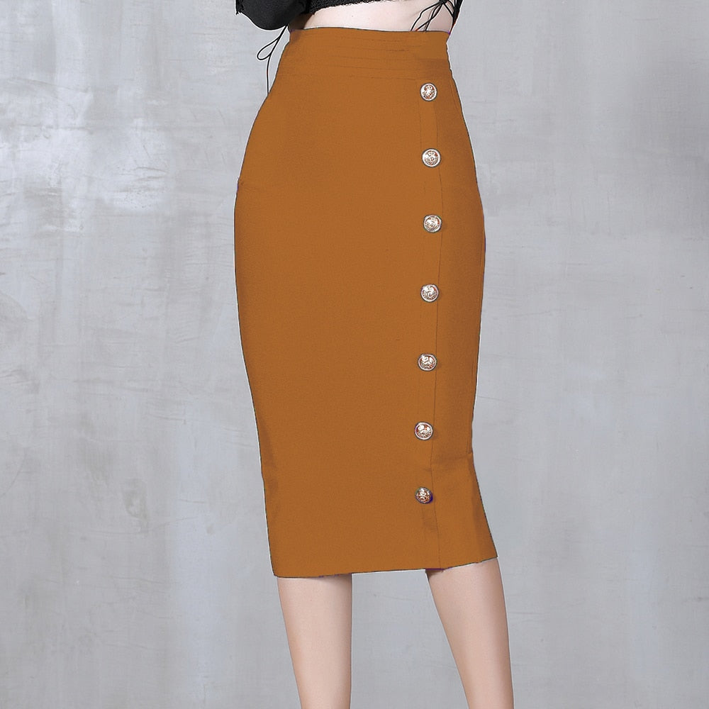 2023 Summer Elegant Midi Pencil Skirt High Waist Bandage Skirt Black Elastic Bandage Skirts Button Women Clothes