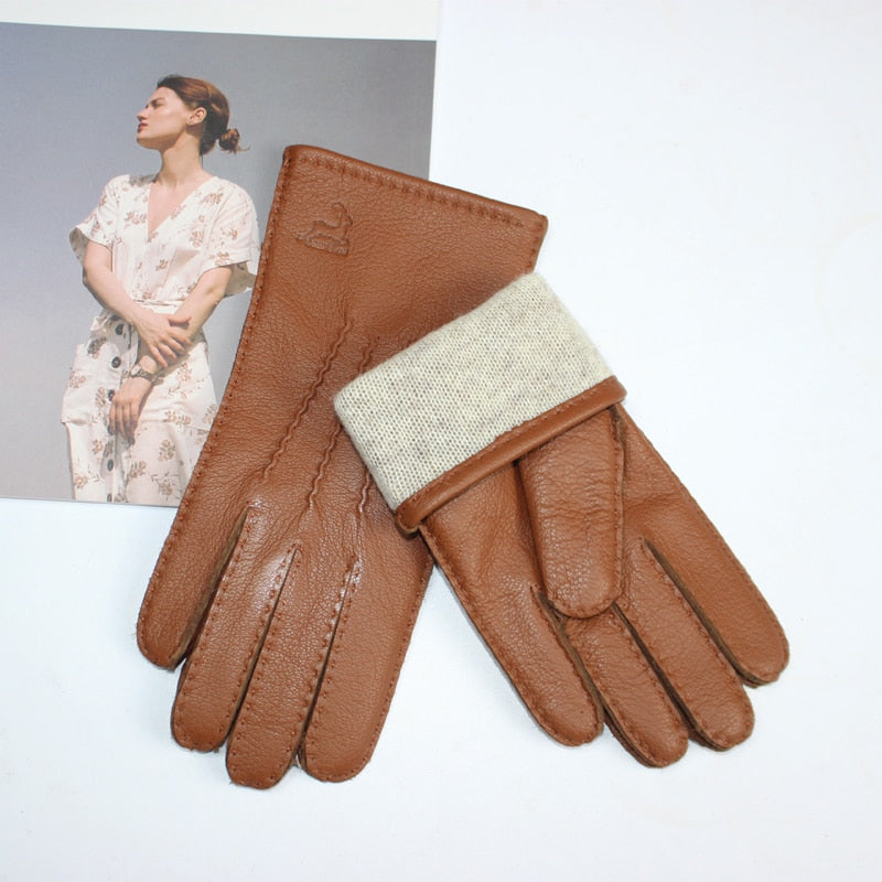 New women's deerskin gloves leather color fashion wool knitted lining hand-stitched outdoor driving and cycling warm gloves