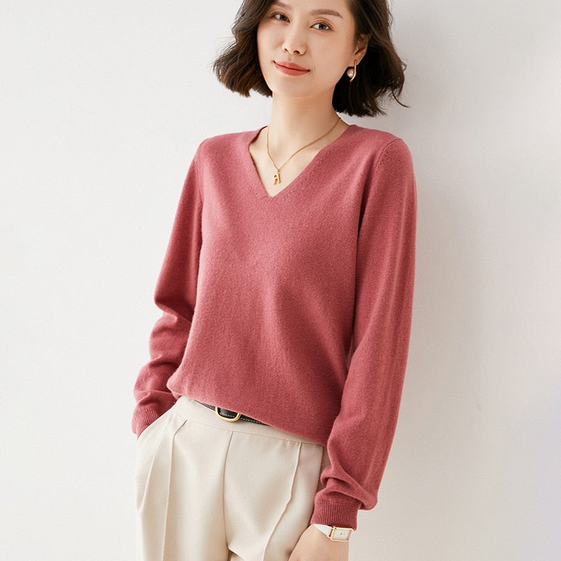 Off-Season Big Sale Autumn And Winter Women's 100% Pure Wool V-Neck Loose Pullover Sweater Basic Style All-Match Knitted Sweater