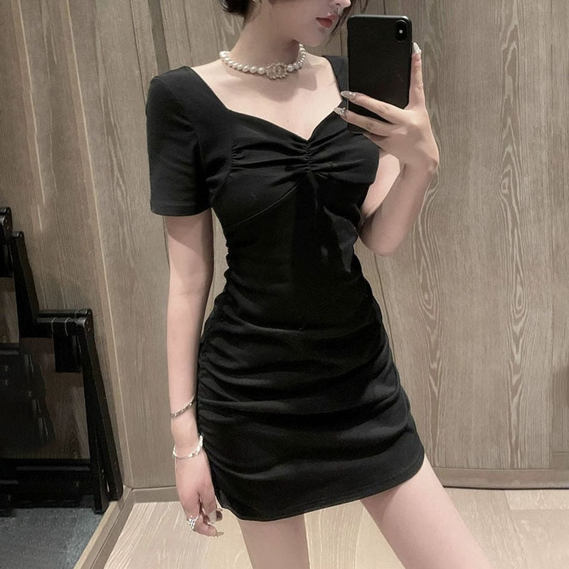 Little Black Dress Female Summer French Waist Thin Temperament Drawstring Folds Hip Wrap Dress Ruched Dresses  Women Clothes