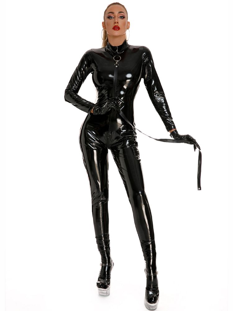 Turtleneck Wet Look PVC Catsuit Long Sleeve Zipper Open Crotch Bodysuit Tights Sexy Cosplay Outfit Jumpsuit Leotard Body Unitard