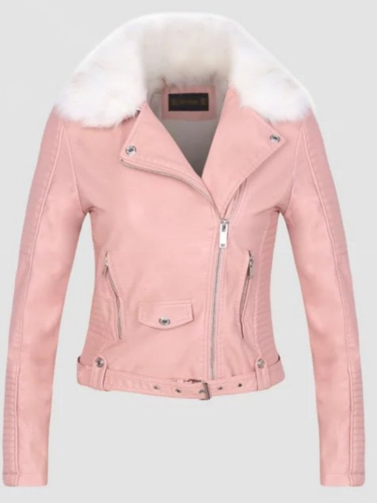 2023 Hot Fashion Women Winter Warm Faux Leather Jackets with Fur Collar Belt Lady Black Pink Motorcycle Biker Outerwear Coats