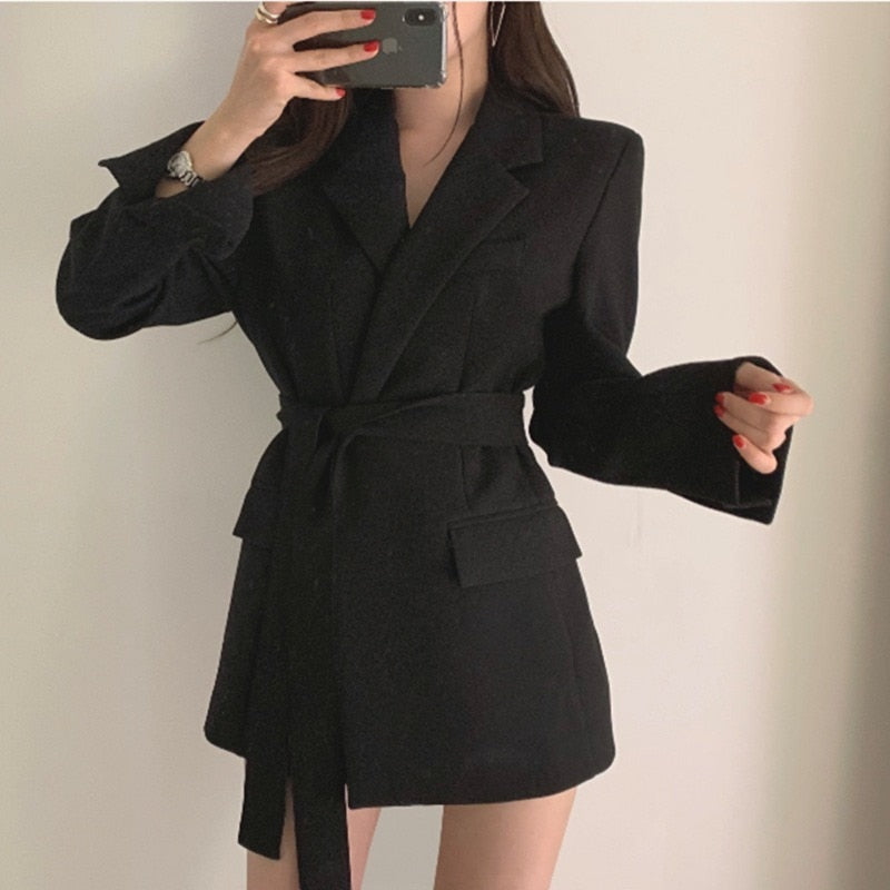 Women Spring Autumn Slim-fit Blazer Free Belt Cardigan Style Lace-up Belted Lapel Blazers 2022 Woman Black Office Work Suits New