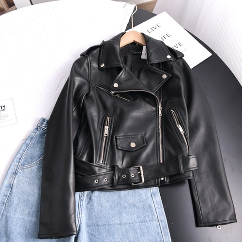 Ailegogo 2022 Spring Autumn Soft Faux Leather Short Jacket with Belt Women Lapel Pu Leather Coat Black Zipper Moto Biker Outwear