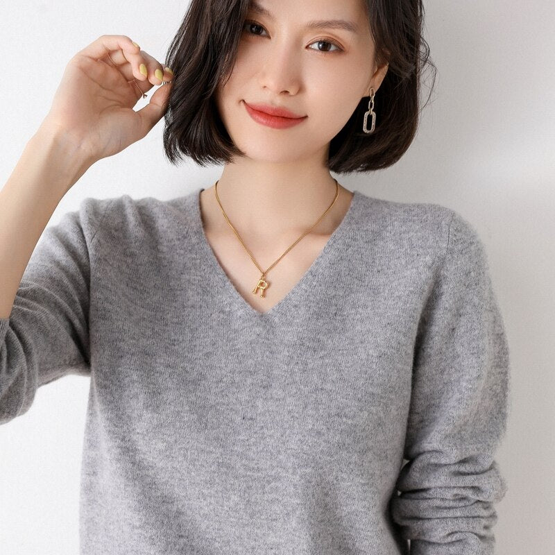 Off-Season Big Sale Autumn And Winter Women's 100% Pure Wool V-Neck Loose Pullover Sweater Basic Style All-Match Knitted Sweater