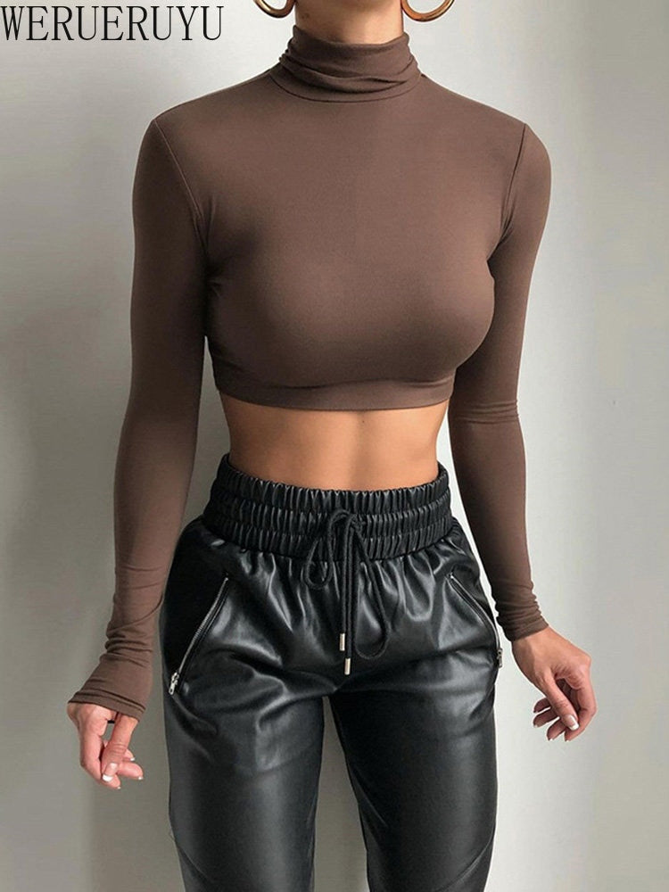 Women Solid Turtleneck Tshirt Y2k Autumn Winter Stretch Casual Undershirt Female Long Sleeve Streetwear Crop Tops T Shirt 2022